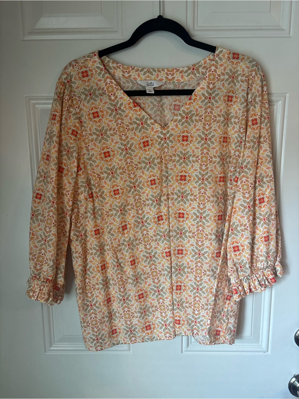 croft & barrow Cream Floral V-Neck Blouse with Orange Accents